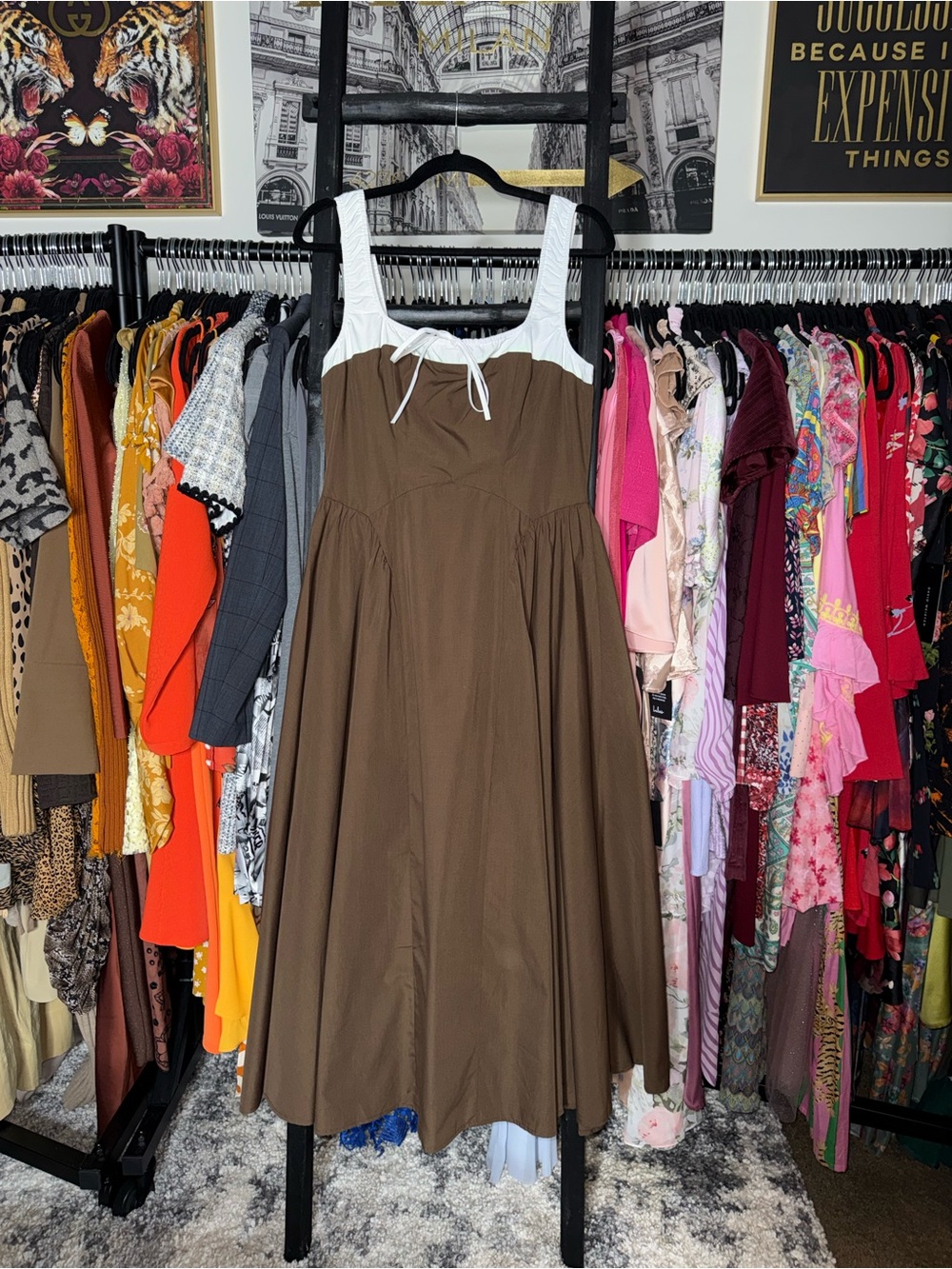 Moon River Two Tone Drop Waist Peekaboo Midi Dress Brown White Women’s Large - Picture 3 of 12